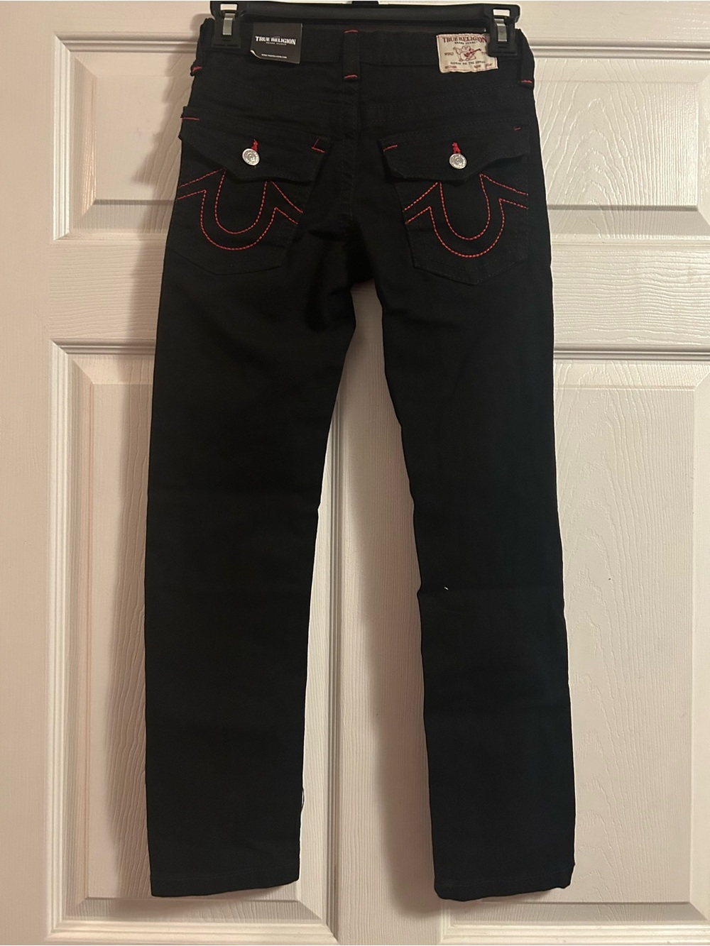 True Religion Men’s Black Slim Jeans with Red Stitching